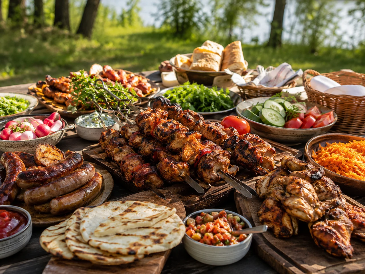 Шашлык, колбаски, лаваш, овощи и соусы для пикника