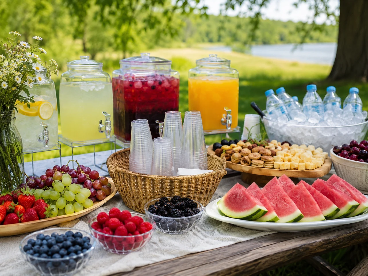 Напитки, вода, лимонад, фрукты и ягоды для летнего пикника